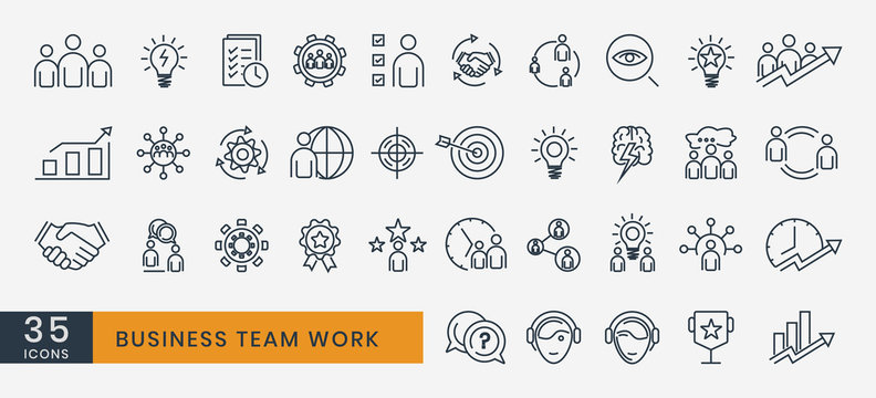 Business team work icon. Collection of financial web symbols with minimal thin line art style. Teamwork. Human Resource Management. Simple vector illustration element.