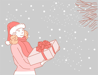Cute cartoon girl presenting gift, Christmas illustration. Cute excited girls and women in santa hats unwrap christmas present box on holiday. Happy family. Girls and mother open Xmas gifts. Hand draw