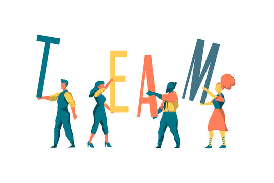 Teamwork Flat Illustrations Set. Coworkers Characters Communication. Team Building And Business Partnership Concepts. Businessmen People And Geometrical Shapes Cooperation, Collaboration.