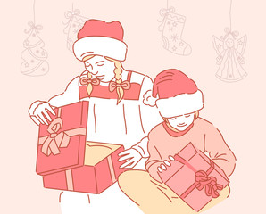 Cute cartoon girl presenting gift, Christmas illustration. Cute excited girls and women in santa hats unwrap christmas present box on holiday. Happy family. Girls and mother open Xmas gifts. Hand draw
