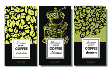 Coffee illustration set. Hand drawn vector banner. Beans, bag, coffee machine,