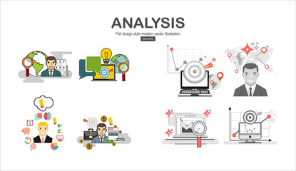 Vector modern flat design and business analysis and planning, consulting, team work, project management, brainstorming, research and development. Concepts web banner and printed materials.