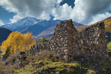 ruins of a fortress in the mountains of the Caucasus.