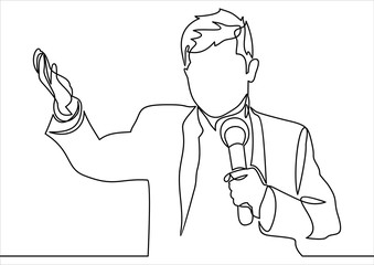 Business conference, business meeting. Man at rostrum in front of audience. Public speaker giving a talk at conference hall- continuous line drawing