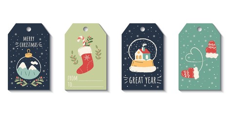 Christmas and Happy New Year holiday tags templates. Set of vintage elements for poster, flyer, advent calendar. Hand-drawn doodles festive decoration, pattern, ornaments. Mistletoe and holly branch