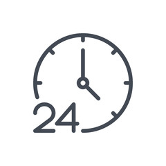 24 hour time clock line icon. Watch with 24 support vector outline sign.