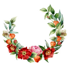 Watercolor red roses green leaves hand painted flower wreath for wedding engagement invitations
