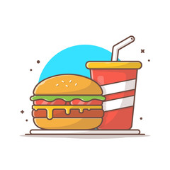 Burger Icon with Soda and Ice Vector Illustration. Hamburger Fast Food Logo. Cafe and Restaurant Menu. Flat Cartoon Style Suitable for Web Landing Page,  Banner, Flyer, Sticker, Card, Background