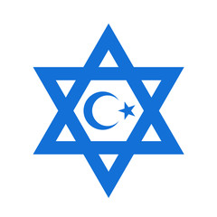 Jewish star of David is together with islamic crescent - unity of Judaism and Islam, coexistence of Jews and Muslim. Metaphor of Israel and Palestine as one-state. vector illustration. - obrazy, fototapety, plakaty
