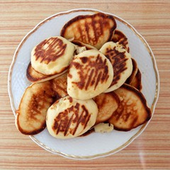 Appetizing tender fried fritters on a white plate with a golden border