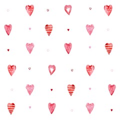 Seamless watercolor pattern of pink hearts on a white background.