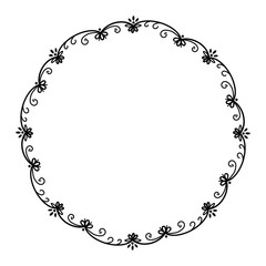 Black and white floral round frame on a white background. Openwork frame of abstract flowers and elements with place for text.