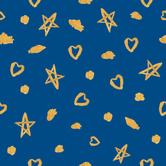 Watercolor abstract pattern with gold stars, hearts and watercolor spots on blue background, for Valentine's day, Christmas, gift wrapping, Wallpaper, textile