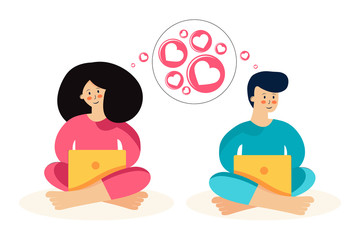 A girl and a boy exchange love messages online using a computer. Love correspondence on the Internet. Valentine s day. Virtual relationships, online dating and social networking concept.