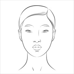 Asian Woman face. Black and white line sketch front portrait