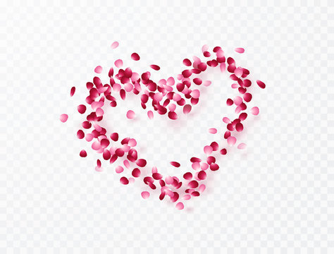 Heart of rose flower petals isolated on transparent background. Vector pink symbol of love for Happy Mother's, Valentine's Day greeting card design..