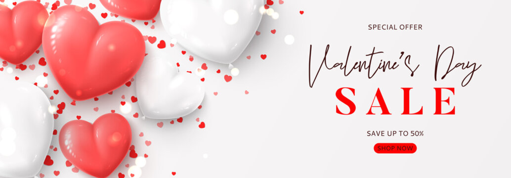 Happy Valentine's Day sale banner. Vector illustration with realistic pink and white air balloons and confetti on white background. Holiday gift card. Promotion discount banner.