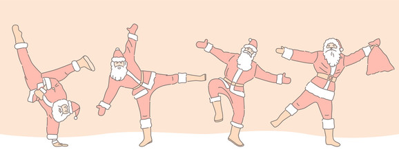 Set of cartoon Christmas illustrations isolated on color background. Funny happy Santa Claus character with gift, bag with presents, dancing. For Christmas cards, coloring banner. Line art vector.