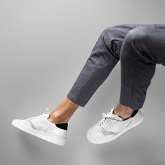white shoes grey pants