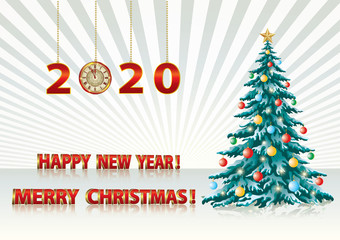 Merry Christmas and Happy New Year 2020. Christmas tree and date with a clock on a radiant background with the inscription in tridimensional form