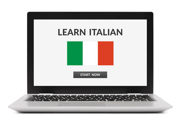 Learn Italian concept on laptop computer screen. Isolated on white