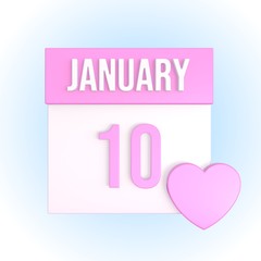 January 10 romantic calendar with pink heart. Love anniversary concept. Relationship date. 3d illustration