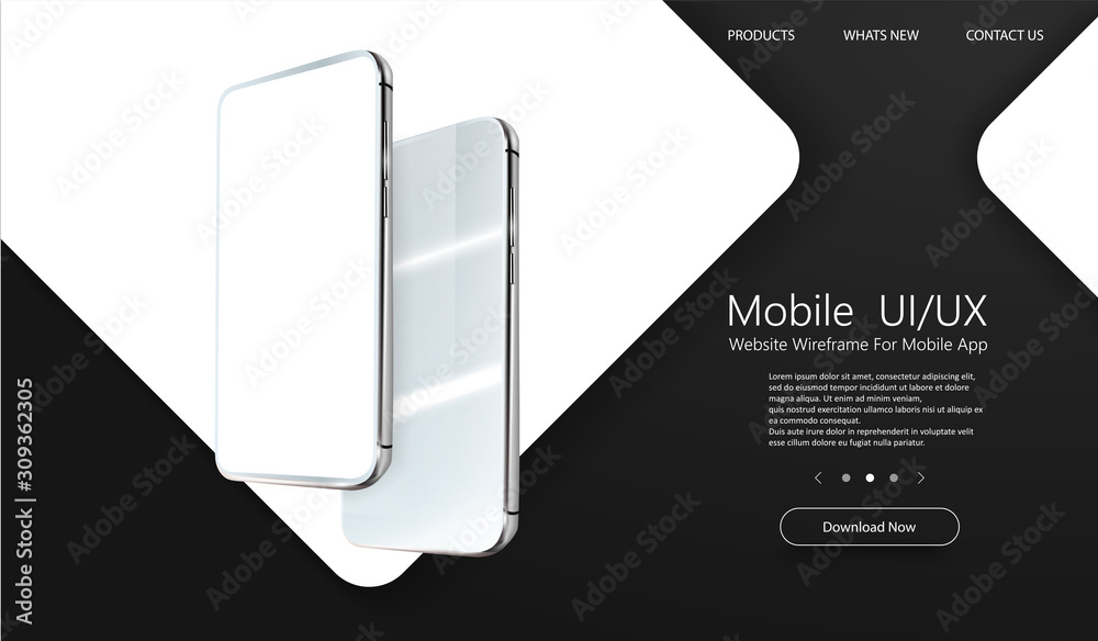 Aufkleber Modern cellphone with blank app screens mockup. Wireframing screens template to create and showcase your mobile ui, ux, kit. Frameless smartphones screen, mobile app presentation template. Vector 