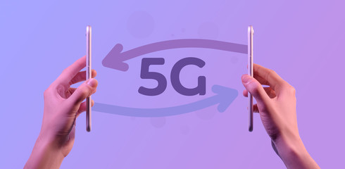 5g internet network concept. Wireless connection between two cell phones