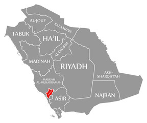 Al-Bahah red highlighted in map of Saudi Arabia