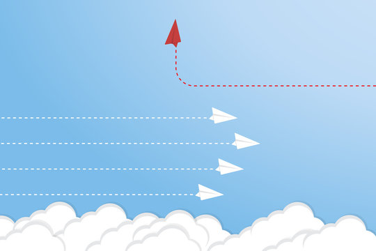 Think differently concept. Red airplane changing direction. Vector illustration