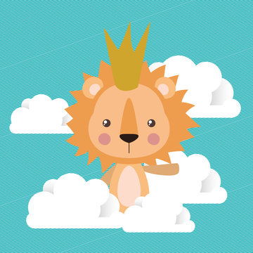 Cute lion cartoon and clouds vector design