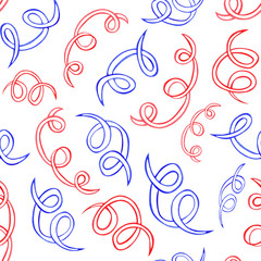 Seamless pattern of watercolor curls in red and blue. For decoration of festive backgrounds, wallpapers, printed materials, printing on fabrics. Topics: Birthday, New Year, Independence Day