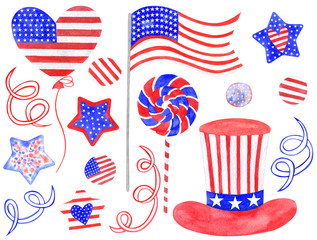 Watercolor set for USA Independence Day. Elements for the design of patterns, frames, posters, postcards and other printed and textile products