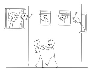 Vector cartoon stick figure drawing conceptual illustration of two angry men fighting or fistfighting on the street, people living in houses around are cheering from windows.