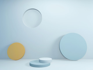 3d abstract blue background with cylinders; simple mock up scene with minimal design elements in pastel color 3d rendering, 3d illustration