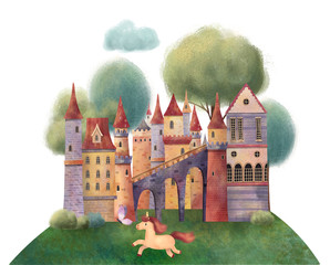 Medieval castle with trees, unicorn and clouds. Hand drawn illustration. © Daria Pneva