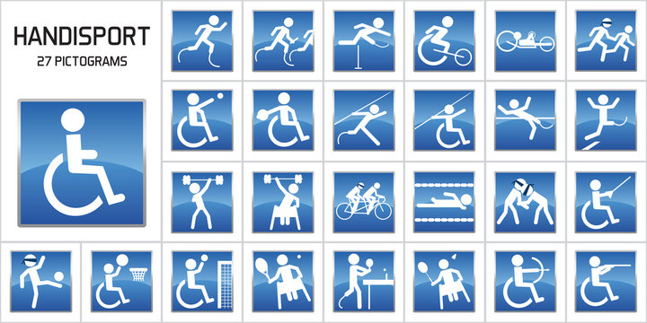 Concept du handicape et de la performance sportive avec des pictogrammes représentant les principales disciplines de handisport aux jeux olympiques.