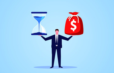 Hourglass and money bag on businessman palm
