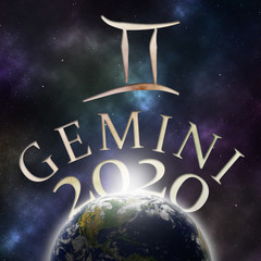 Symbol of the zodiac sign Gemini and its name with the year 2020 appearing behind the earth with stars and the universe in the background