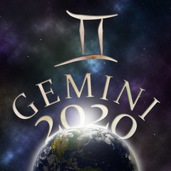 Symbol of the zodiac sign Gemini and its name with the year 2020 appearing behind the earth with stars and the universe in the background