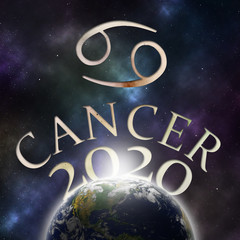 Symbol of the zodiac sign Cancer and its name with the year 2020 appearing behind the earth with stars and the universe in the background