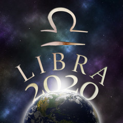 Symbol of the zodiac sign Libra and its name with the year 2020 appearing behind the earth with stars and the universe in the background