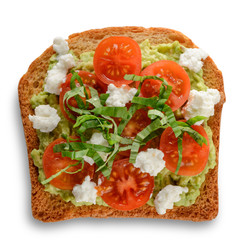 Toast with avocado, tomato, ricotta and leaf