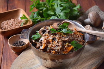 Buckwheat porridge with mushrooms in a bowl. Vegan , gluten-free. Russian or Ukranian cuisine. Healthy food concept