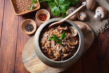 Buckwheat porridge with mushrooms in a bowl. Vegan , gluten-free. Russian or Ukranian cuisine. Healthy food concept