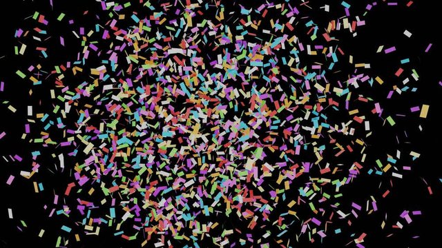 Confetti explosion. and falling. Party popper exploding in center of screen.