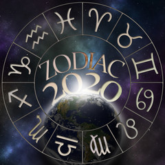 Set of the twelve zodiac signs and the year 2020 appearing behind the earth with stars and the universe in the background