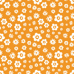 Small Scale White Retro Graphic Scattered Daisies Blooms on Yellow Background Vector Seamless Pattern