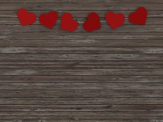 Wooden flat lay background with paper heart gather by a thread top view