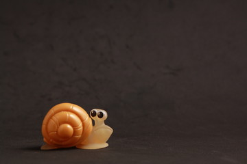 snail shaped plastic toy in color background